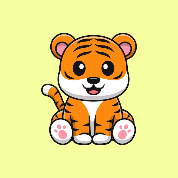 Вектор Симпатичный тигр сидит на векторной иконке мультфильма. плоский мультяшный стиль.
