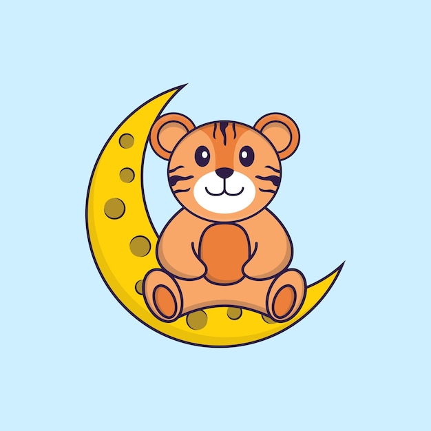 Cute tiger is sitting on the moon. Animal cartoon concept isolated.