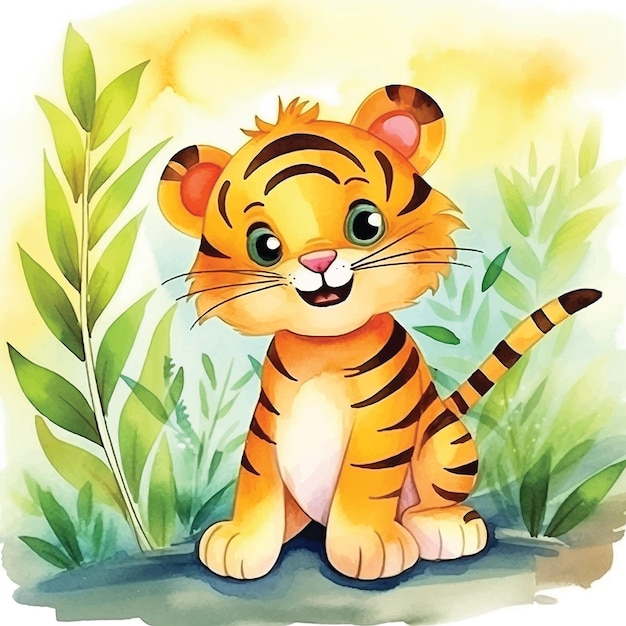 Милый тигр в джунглях мультяшная акварельная краска