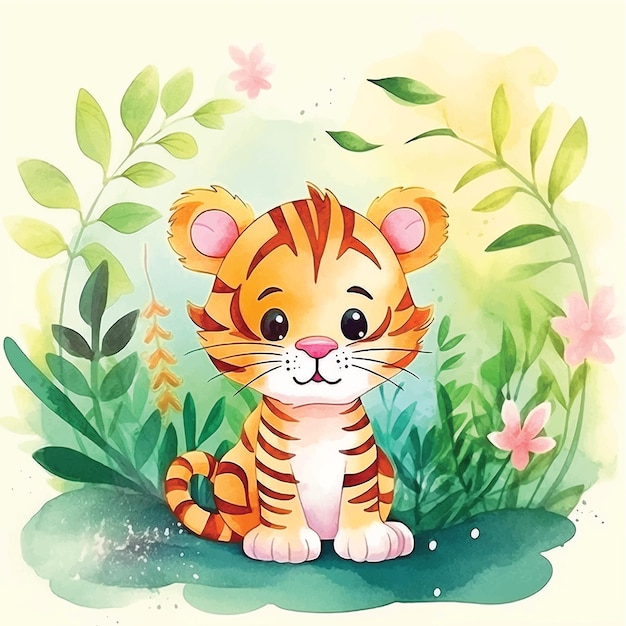 Cute Tiger in jungle cartoon watercolor paint