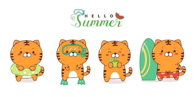 Vettore set estivo carino tigre kawaii cartone animato