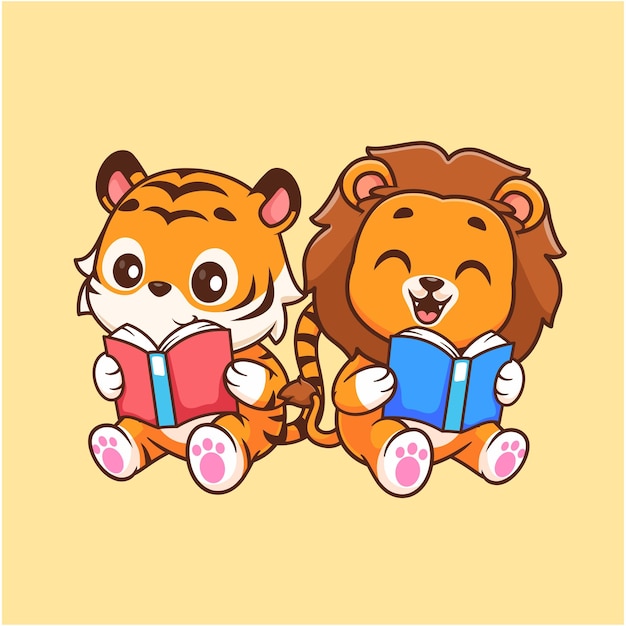 Vector cute tiger and lion reading book cartoon vector icon illustration animal education isolated flat