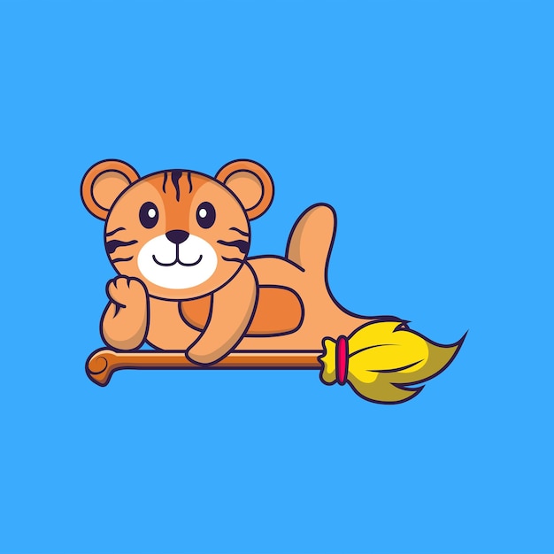 Cute tiger lying on Magic Broom Animal cartoon concept isolated