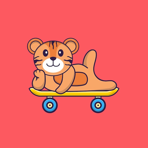 Cute tiger lying on a skateboard Animal cartoon concept isolated