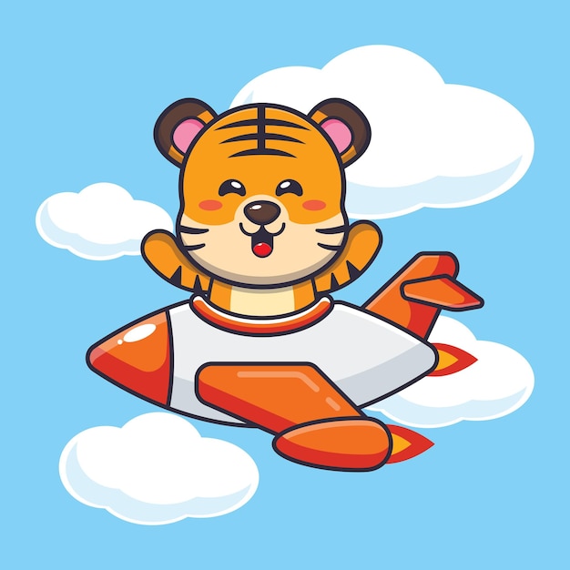 Cute tiger mascot cartoon character ride on plane jet