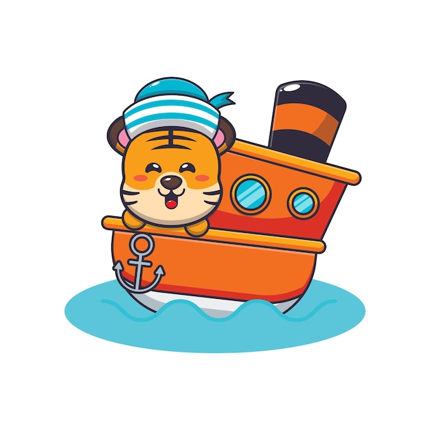 cute tiger mascot cartoon character on the ship
