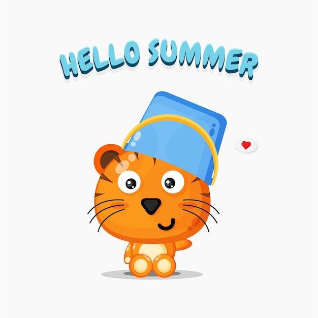 Cute tiger mascot wearing a bucket hat with summer greetings