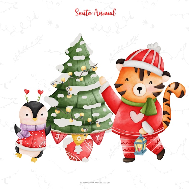 cute tiger and penguin in santa costume watercolor christmas season illustrationxdxa
