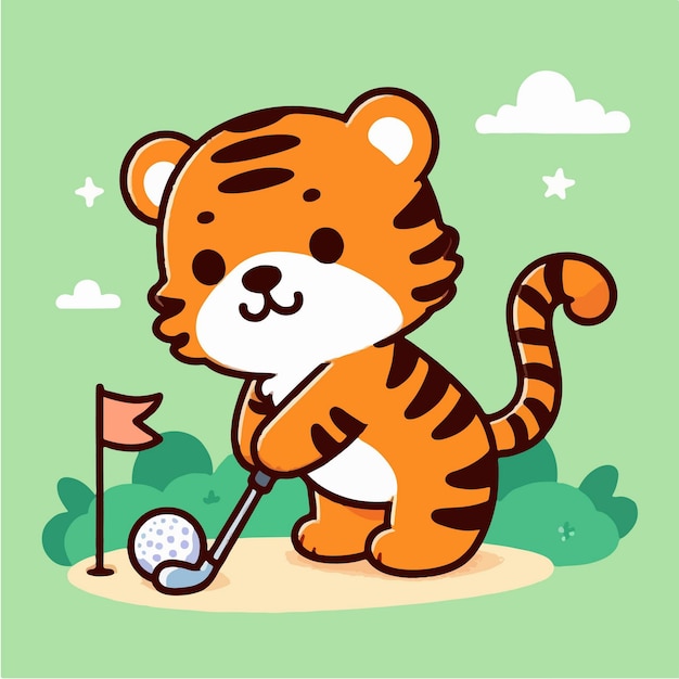 Cute tiger playing golf cartoon character