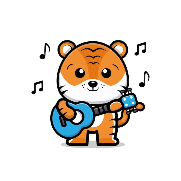 Cute tiger playing guitar cartoon illustration