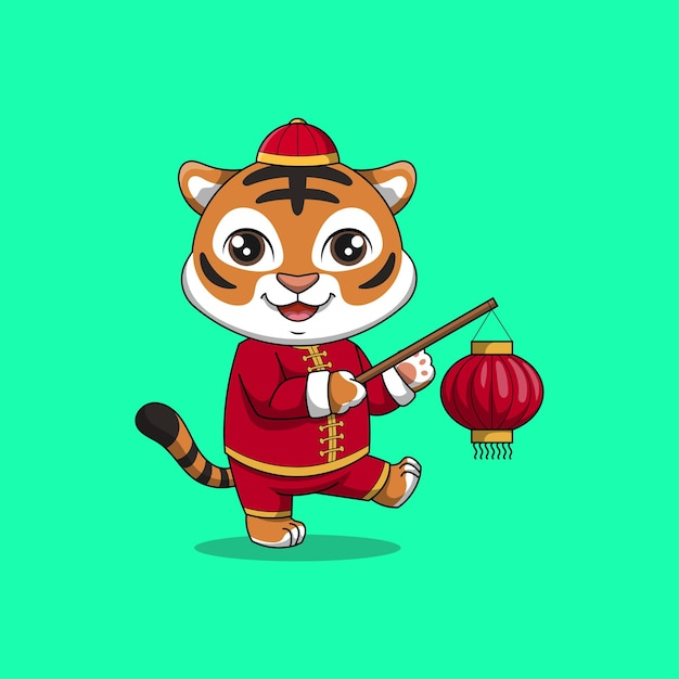 Cute tiger playing lantern cartoon vector icon illustration Happy chinese new year icon concept