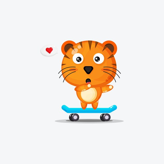 Cute tiger playing skateboard isolated on white