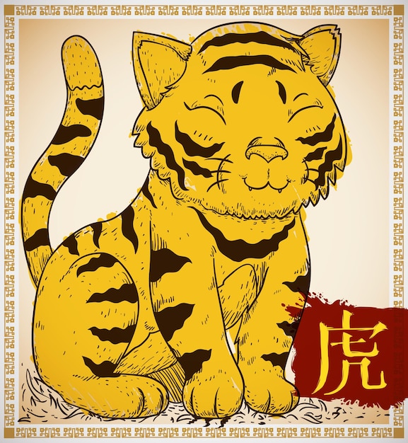 Cute tiger in the red ink in hand drawn style and painted with yellow brushstrokes