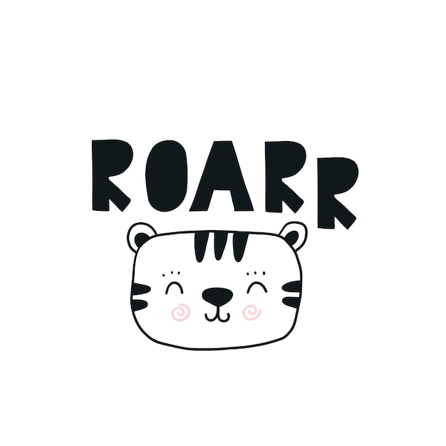 Cute tiger Roar text Vector scandinavian kids print For nursery room or tshirt print