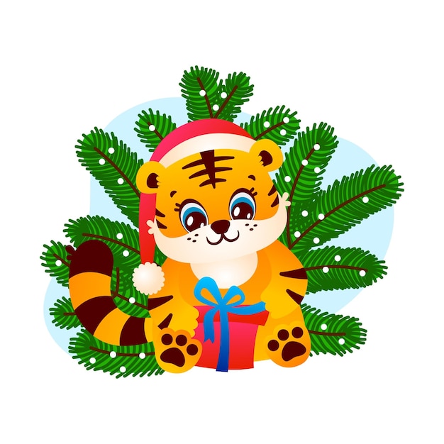 Cute tiger Santa opens gift character symbol Happy New Year funny illustration isolated on white