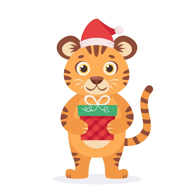 Cute tiger in a santas hat with christmas present year of the tiger