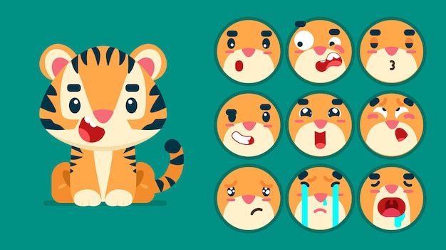 Cute tiger set of animal emotions tiny tiger with emoji collocation sleeping crying sad Bored