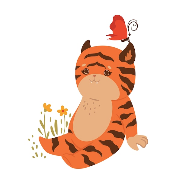 Cute tiger sits in a meadow isolated on a white background. Vector graphics.