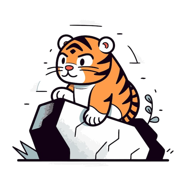 Cute tiger sits on a stone vector illustration in cartoon style