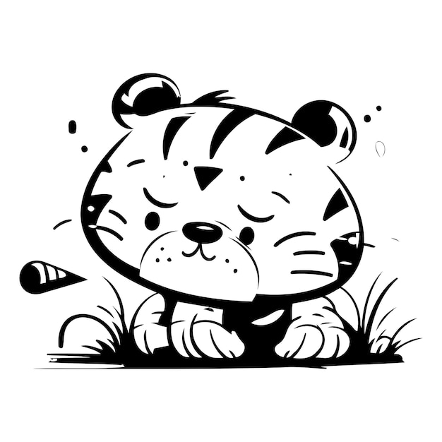 Cute tiger sitting in the grass Vector illustration of cartoon character