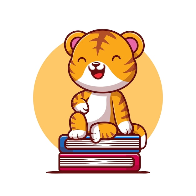 Cute Tiger sitting and laughing on book stack cartoon icon illustration.