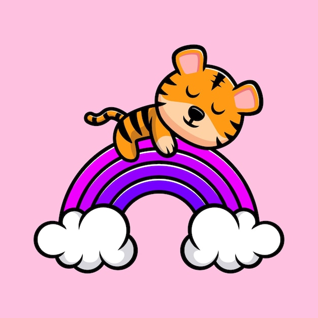 Cute tiger sleeping on rainbow cartoon mascot