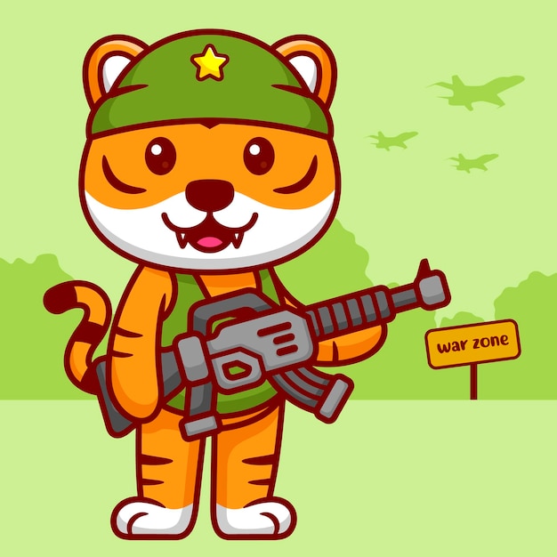 Cute Tiger Soldier Holding Weapon in Cartoon Animal Vector Illustration Flat Style Concept