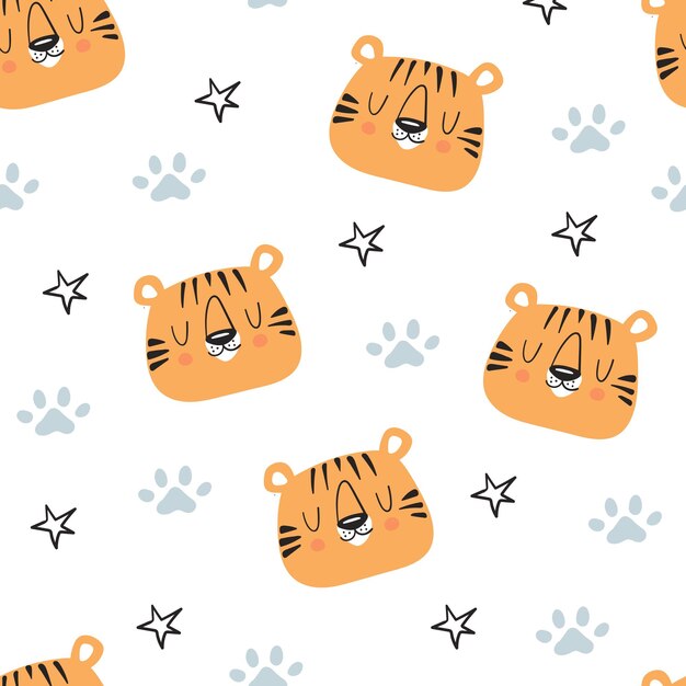 Cute tiger and stars seamless pattern. Hand drawn cute