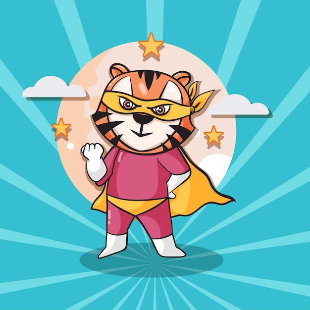 Vector cute tiger super hero cartoon illustration. animal hero concept isolated flat cartoon