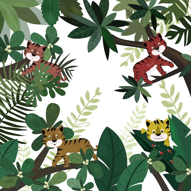 Vector cute tiger in tropical forest