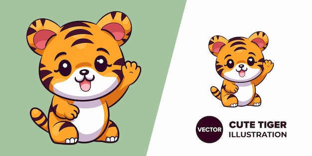 Vector cute tiger waving hi flat vector icon perfect for posters cards and art prints