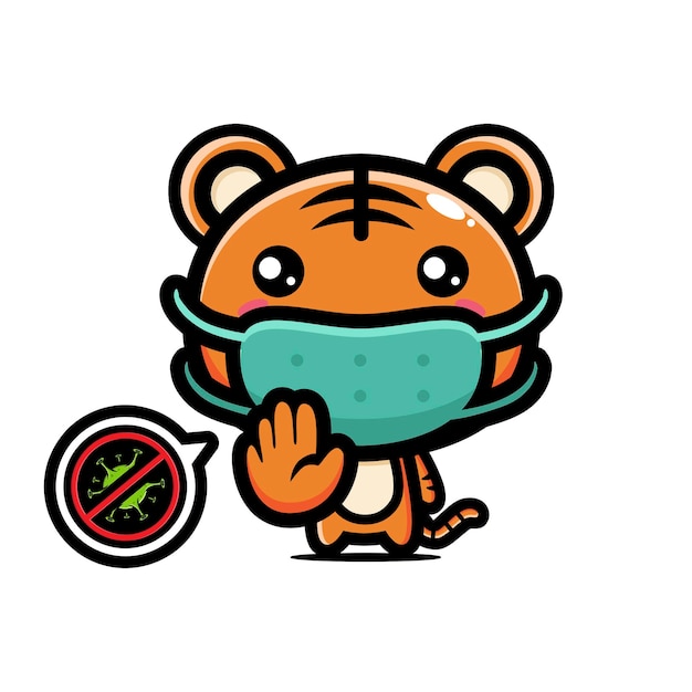 Милый тигр в маске с позой остановки вируса