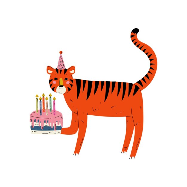 Vettore carino tigre che indossa un cappello da festa con torta di compleanno carino personaggio animale per il design di buon compleanno