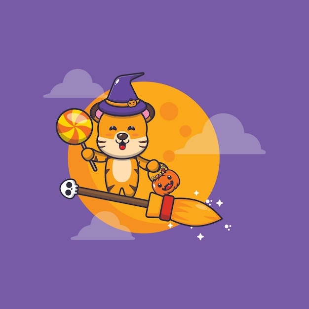 Cute tiger witch fly with broom in halloween night cute halloween cartoon illustration