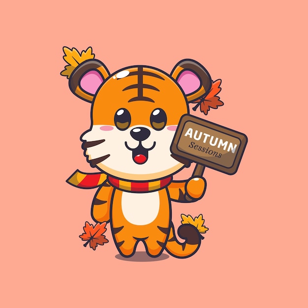 Vector cute tiger with autumn sign board