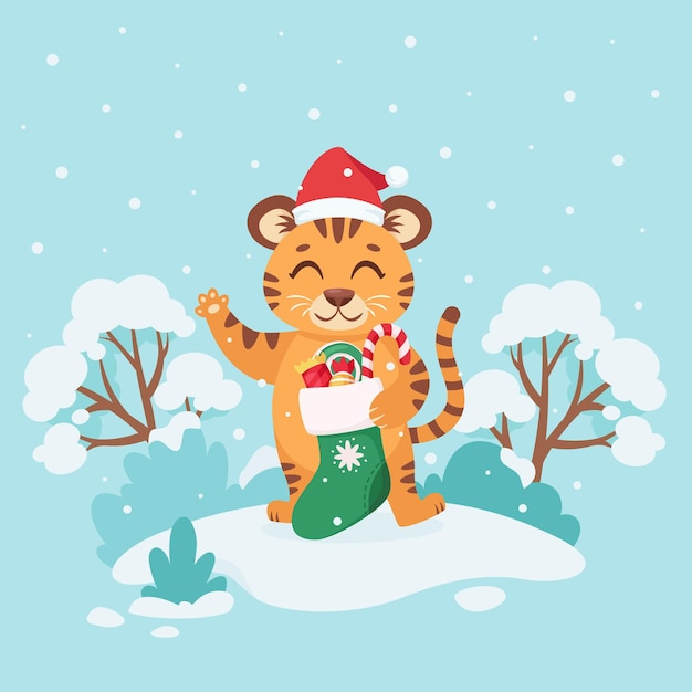 Cute tiger with Christmas sock and candies