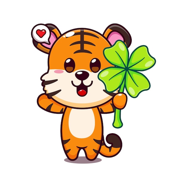 cute tiger with clover leaf cartoon vector illustration