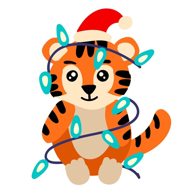 Vector cute tiger with garland new year illustration for kids