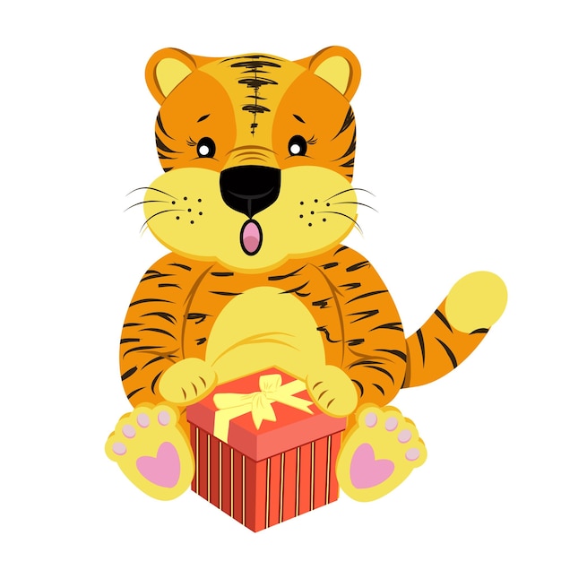 Cute tiger with a gift box