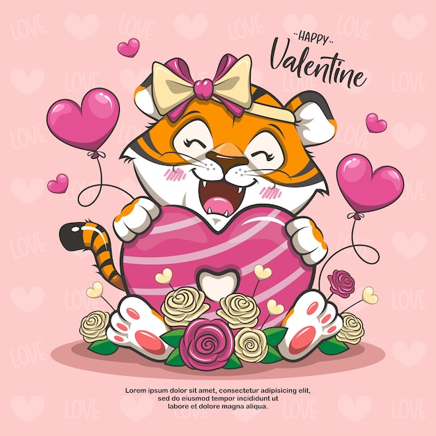 Vettore tigre carina con palloncini cuore amore, san valentino animale, fumetto illustrazione