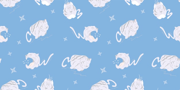 아이 패브릭 디자인에 대 한 파란색 배경 완벽 한 패턴에 귀여운 호랑이