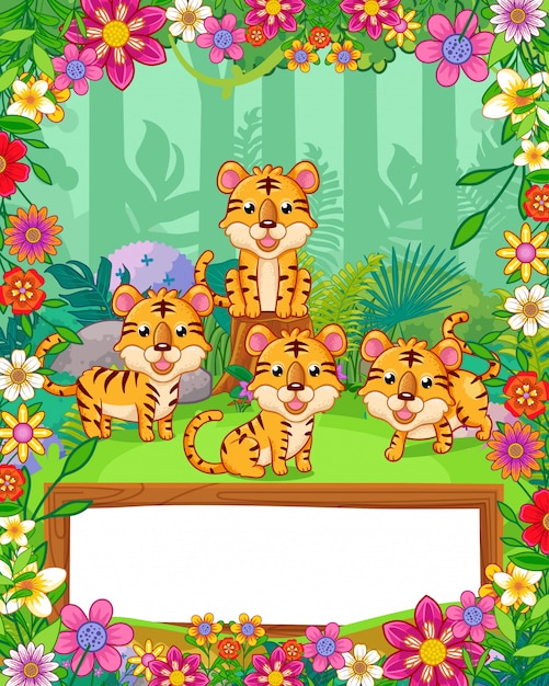 Cute tigers with flowers and wood blank sign in the forest. vector