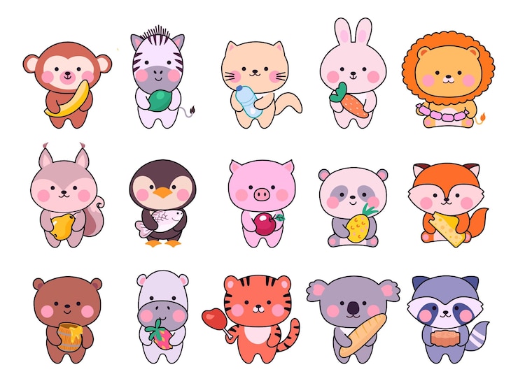 Vector 음식과 함께 귀여운 작은 동물 재미있는 작은 동물 아시아 그래픽 아트 동물원 캐릭터 어린이 스티커 과일과 채소 사탕 현대 터 세트
