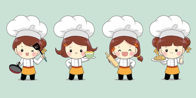 Cute tiny chef pose illustration set