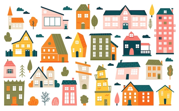 Cute tiny houses. Cartoon small town houses, minimalism city buildings, minimal suburban residential house  illustration icons set. House small multicolour, structure town residential exterior