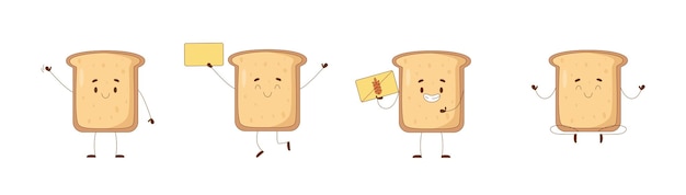Simpatico personaggio di pane tostato in stile cartone animato. insieme di emozioni e pose. pane tostato del fumetto.
