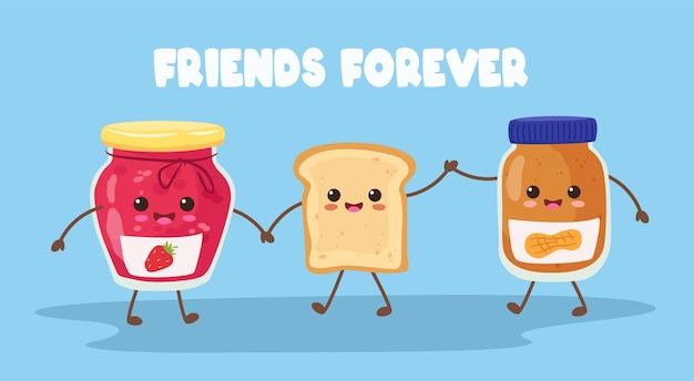 Симпатичный тост счастливые банки с арахисовым маслом и желейным джемом с сэндвич-хлебом вместе навсегда дружба и идеальное совпадение векторная иллюстрация счастливой вместе вкусной еды