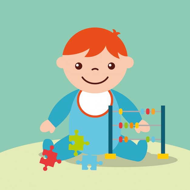 Vector cute toddler boy with toys abacus and puzzles