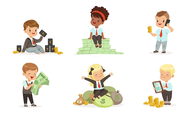 Vector cute toddlers in suits of businessmen with money and barrels of oil set of vector illustrations