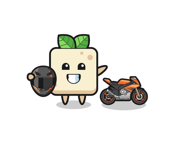 Cute tofu cartoon as a motorcycle racer